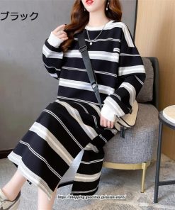 マキシ | ワンピース レディース 秋 秋服 綿コットン ボーダー柄 コットン ワンピース 長袖ボーダー ロングワンピース サイドスリット 20代 40代 30代 50代