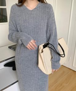 ニットワンピース | ワンピース 秋冬 太めリブニット ロングワンピース ミモレ丈 無地 フード付き 帽子 ストレッチ 大人 セーター 50代 長袖 20代30代 アウター