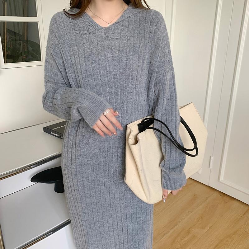 ニットワンピース | ワンピース 秋冬 太めリブニット ロングワンピース ミモレ丈 無地 フード付き 帽子 ストレッチ 大人 セーター 50代 長袖 20代30代 アウター