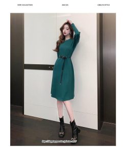 ミディアム | ワンピース 無地 きれいめ 30代 40代 50代 着やせ 上品 大きいサイズ ミモレ丈 長袖 春夏秋冬 丸首 ミモレ丈 ひざ丈 長袖 パフスリーブ