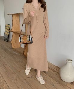 ニットワンピース | ワンピース 秋冬 リブニット ロングワンピース ミモレ丈 無地 フード付き 帽子 ストレッチ 大人 長袖 セーター 50代 20代30代 アウター 大人