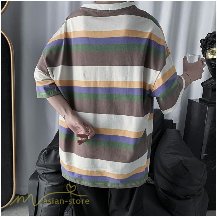 Tシャツ | カットソー メンズ ストライプ カジュアルクルーネック 5分袖 ワイドトップス メンズスタイル カッコウイイ 夏服 上品 日常感