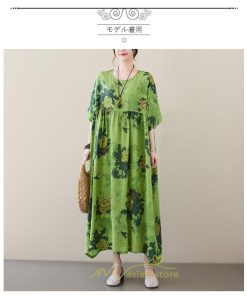 マキシ | ワンピース レディース 大きいサイズ 半袖 ロング丈 マキシ丈 クルーネック コットン 花柄 緑 夏 体型カバー 広がる裾 着痩せ 美シルエット ゆったり ポケット