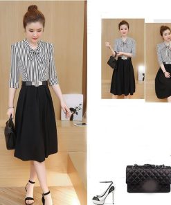 ミディアム | 即日発送 ワンピース フレアワンピース レディース ミディアムワンピース ひざ丈 七分袖 ストライプ ハイウエスト OLワンピ リボン付き ドッキングワンピース