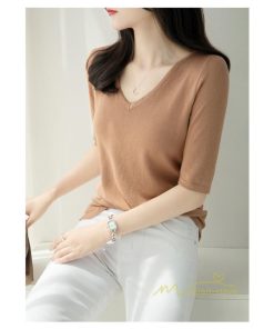 ｔシャツ・カットソー | サマーニット レディース Vネック トップス ニット 半袖 春服 春物 ニットチュニック 無地 きれいめ 春夏 黒 リブ 夏ニット 白 5分袖 涼し気