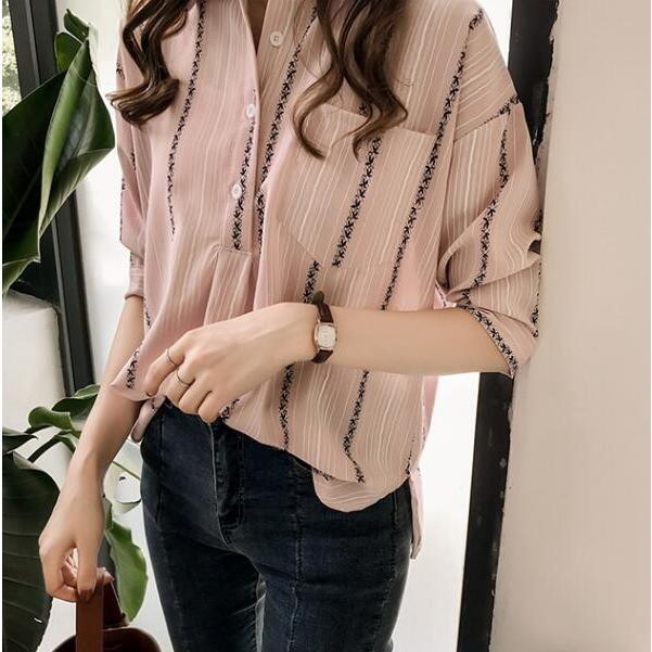 シャツ・ブラウス | 七分袖ブラウス レディースシャツ ストライプ プルオーバー 可愛い スリム ピンク 夏服 女の子 ストリート カジュアル 通勤 ブラウス かわいい 通学