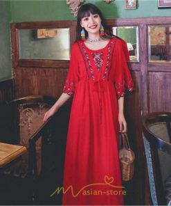 マキシ | ワンピース トップス ロング ロングワンピース 綿麻 夏秋 レディース 大人 おしゃれ シンプル ナチュラル カジュアル 刺繍 花柄 丸首 華やか 上品