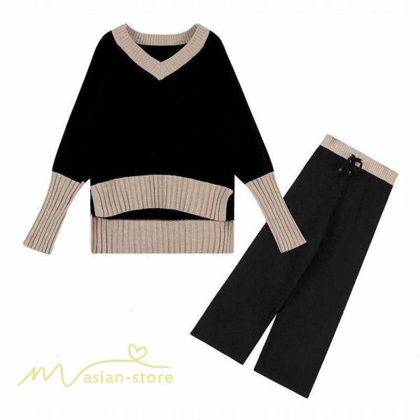 セットアップ | 2点セット ニットセーター レディース 秋 冬 長袖 セーター 上下セット かわいい 20代 30代 カジュアル 40代 ワイドパンツ 着痩せ 50代 新作