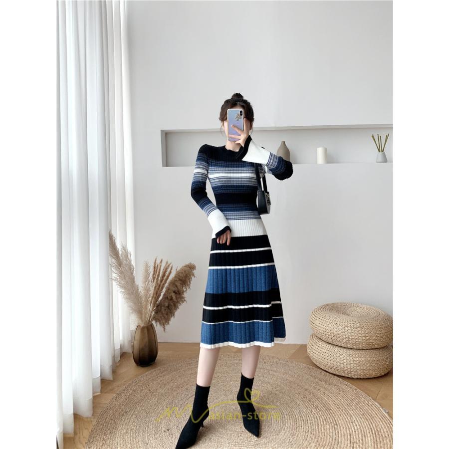 ニットワンピース | ワンピース レディース ニット ワンピース ニット チュニック ロング 長袖 着痩せ 秋冬 送料無料 ボーダー柄 2022新作 韓国風 秋冬コーデ 大人可愛い