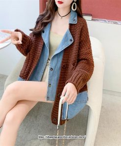コート・ジャケット | ジャケット レディース 長袖 トップス ニット ニットカーディガン 切り替え デニム アウター 配色 デザイン おしゃれ 冬 カジュアル 2022 秋 カーディガン