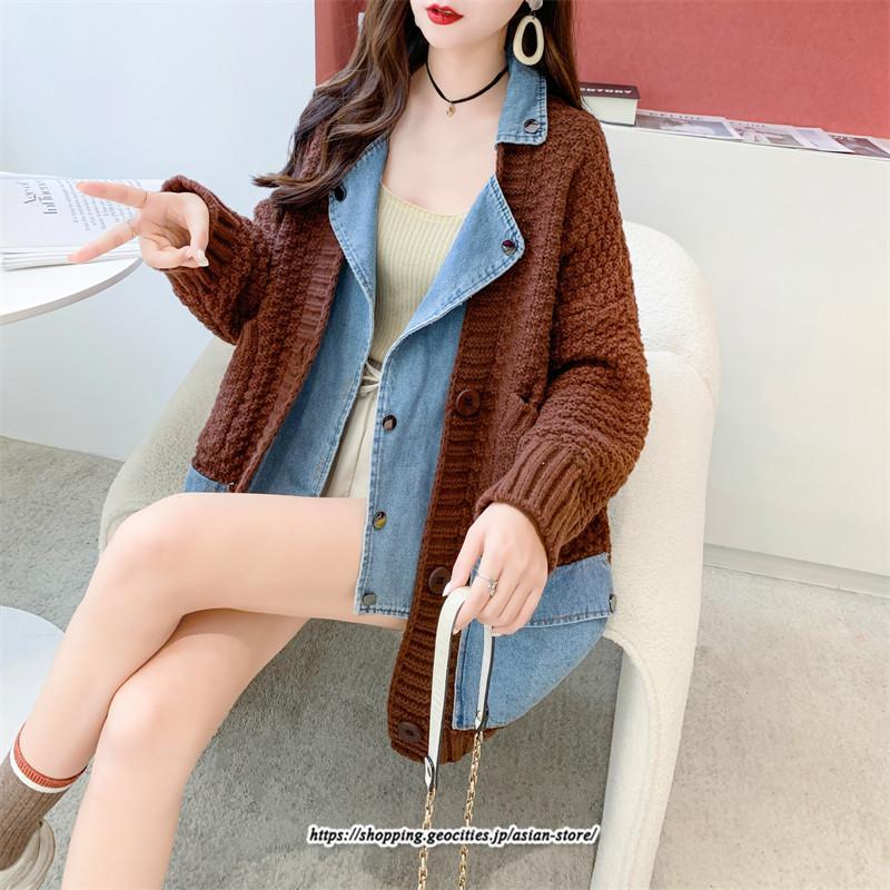 コート・ジャケット | ジャケット レディース 長袖 トップス ニット ニットカーディガン 切り替え デニム アウター 配色 デザイン おしゃれ 冬 カジュアル 2022 秋 カーディガン