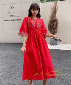 マキシ | ワンピース 半袖 夏物 レディース 秋服 綿麻 刺繍 フレアスリーブ ロングワンピース ミモレ丈 五分袖 ウエストゴム 大人 30代40代 Aラインワンピ リボン付き