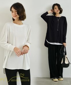ｔシャツ・カットソー | Tシャツ 長袖 無地 着痩せ カットソー 長袖Tシャツ 無地 丸首 カジュアル 40代 50代 着回し 秋コーデ ゆったり 30代 フリーサイズ 20代 シンプル トップス