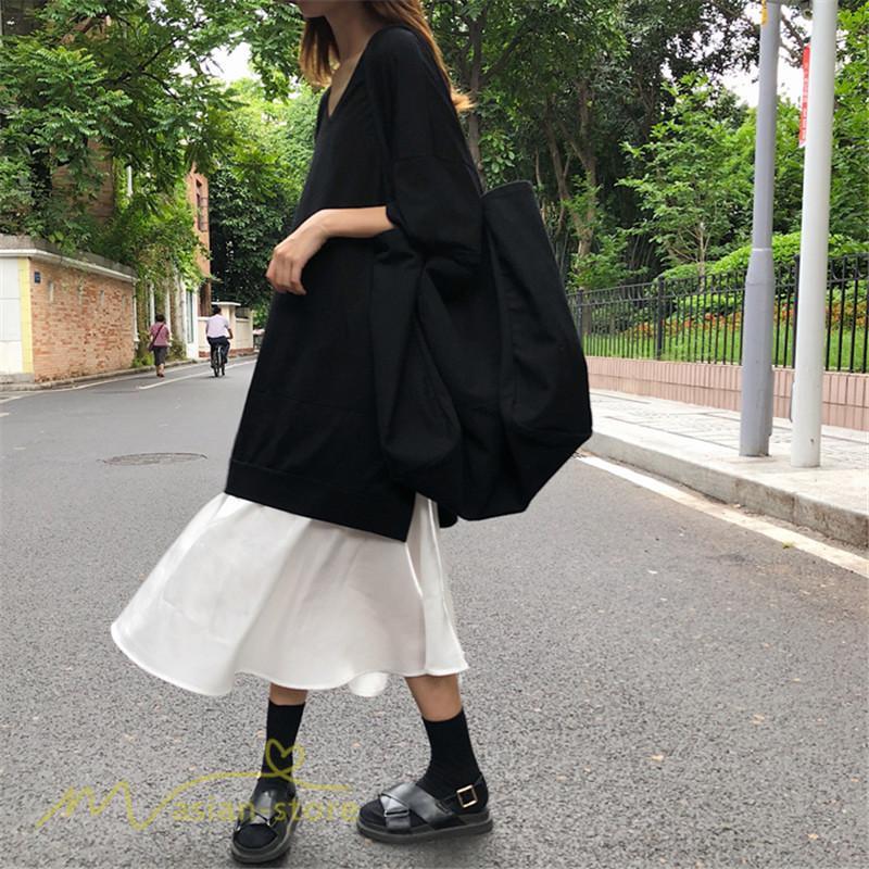ミディアム | 夏ワンピース 切り替え ロング丈 黒白 フェイク フレア Aライン 五分袖 レイヤード風 重ね着風 Vネック 可愛い ミモレ丈 大人 20代30代40代 ゆったり