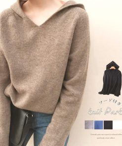 ニット・セーター | シンプル ニットトップス 長袖 ニットパーカー Vネック レディース プルオーバー フード付き 秋冬 ニットセーター