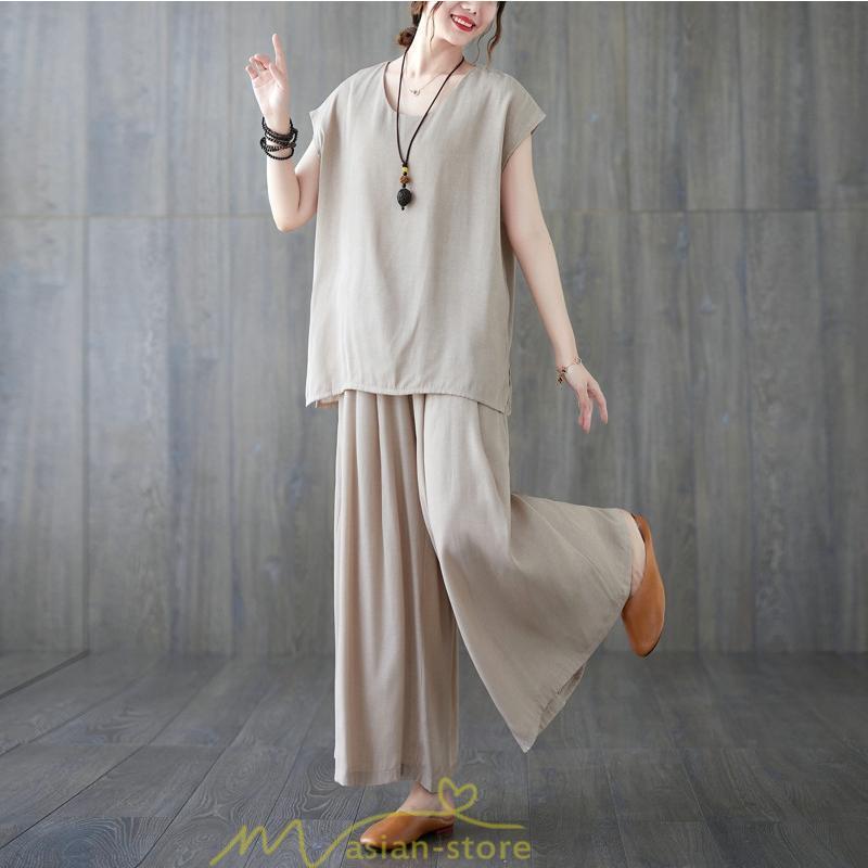 セットアップ | レディース 夏服 Tシャツ ワイドパンツ ガウチョパンツ カジュアル 無地 冷感 涼感 ブラウス トップス 30代40代 2点セット ゴム パンツ 半袖