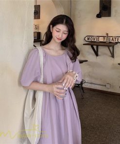 マキシ | ワンピース パフスリーブ 半袖 スクエアネック ゆったり 体型カバー ゆるワンピース フリーサイズ かわいい 無地 シンプル おしゃれ お出かけ レトロ 夏物 上品