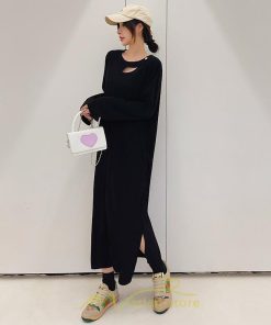 マキシ | 秋ワンピース 黒ワンピース ロングワンピース 秋物 レディース ワンピース 長袖ワンピース 30代40代 裾スリット 着痩せ 秋服 大人 通学通勤 無地 大きいサイズ