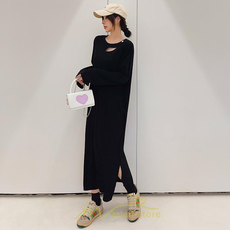 マキシ | 秋ワンピース 黒ワンピース ロングワンピース 秋物 レディース ワンピース 長袖ワンピース 30代40代 裾スリット 着痩せ 秋服 大人 通学通勤 無地 大きいサイズ