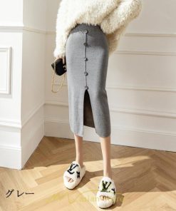 スカート | レディース ロング丈 ミモレ丈 ニット 秋冬 韓国風 スリット ハイウエスト Aライン 着痩せ 小柄 大人可愛い 20代30代40代50代 フェミニン 脚長効果