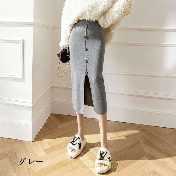 スカート | レディース ロング丈 ミモレ丈 ニット 秋冬 韓国風 スリット ハイウエスト Aライン 着痩せ 小柄 大人可愛い 20代30代40代50代 フェミニン 脚長効果