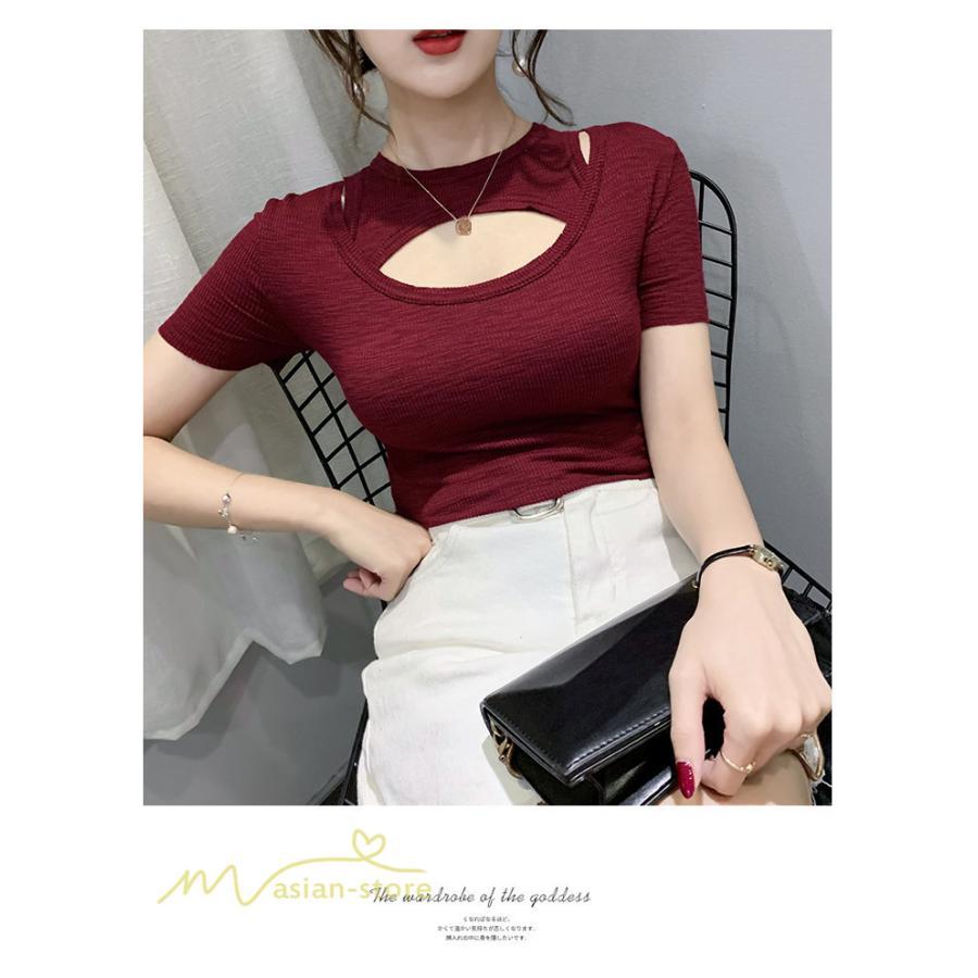 tシャツ・カットソー | カットソー 夏物 レディース 着痩せ トップス Tシャツ 透かし編み セクシー 女性着 着回し 無地 タイト きれいめ お出かけ 夏コーデ 半袖 フェミニン アウトドア
