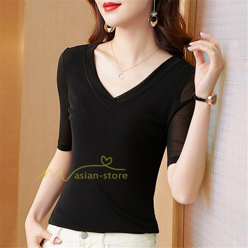 tシャツ・カットソー | Tシャツ レディース カジュアル Vネック おしゃれ 女性用 シンプル 無地 20代30代40代50代 カシュクール インナー フェミニン 上品 お出かけ 着痩せ カジュアル