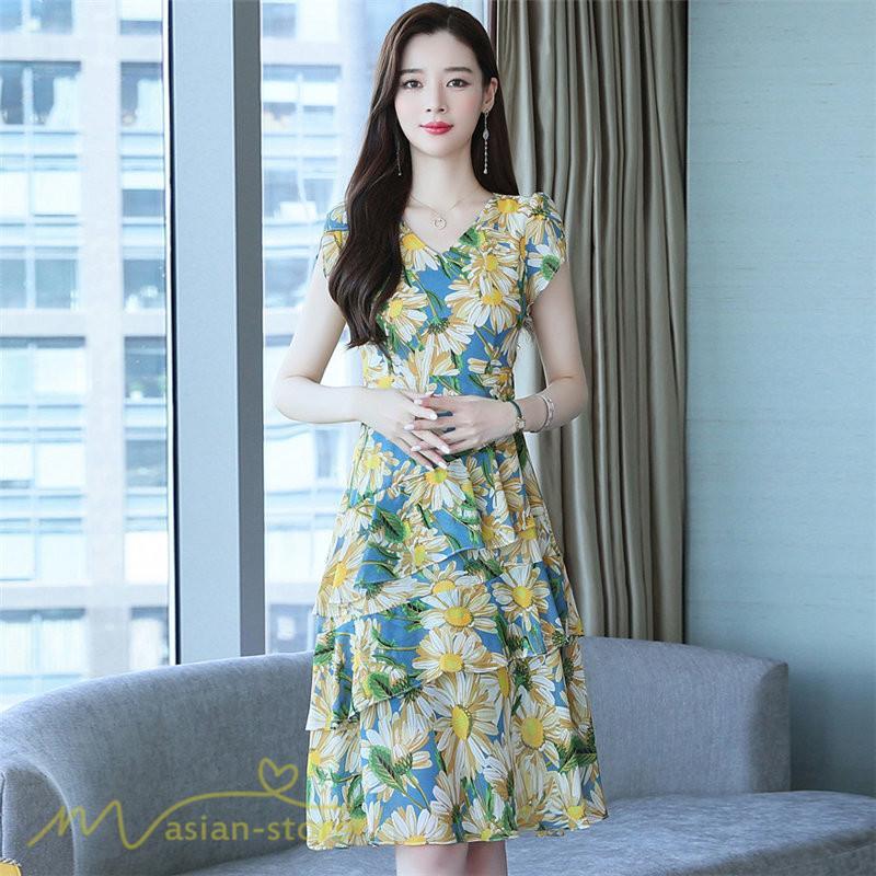 ミディアム | ワンピース レディース Vネック 半袖 花柄 おしゃれ Aライン ミディアムワンピース 着やせ エレガント 大きいサイズ 上品 膝丈 20代 30代 大人 40代