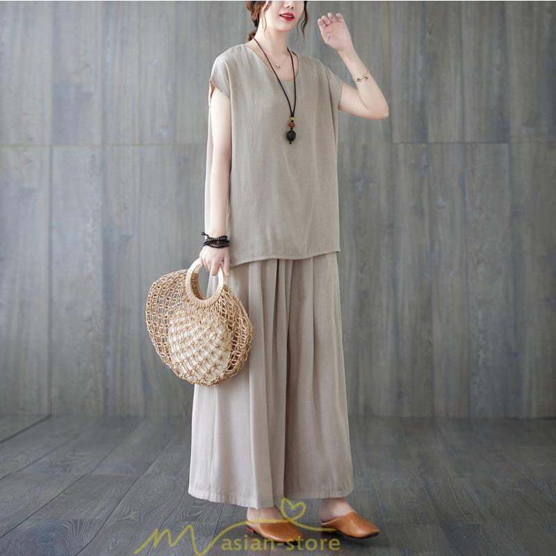 セットアップ | レディース 夏服 Tシャツ ワイドパンツ ガウチョパンツ カジュアル 無地 冷感 涼感 ブラウス トップス 30代40代 2点セット ゴム パンツ 半袖