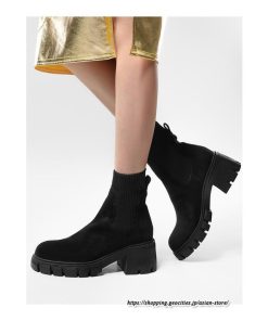 ショートブーツ | 大きいサイズ27cm レディース 上品 ブーツ 秋冬 春 厚底ブーツ ラウンドトゥ ソックス切り替え 太ヒール 大人 チャンキーヒール 黒ブーツ
