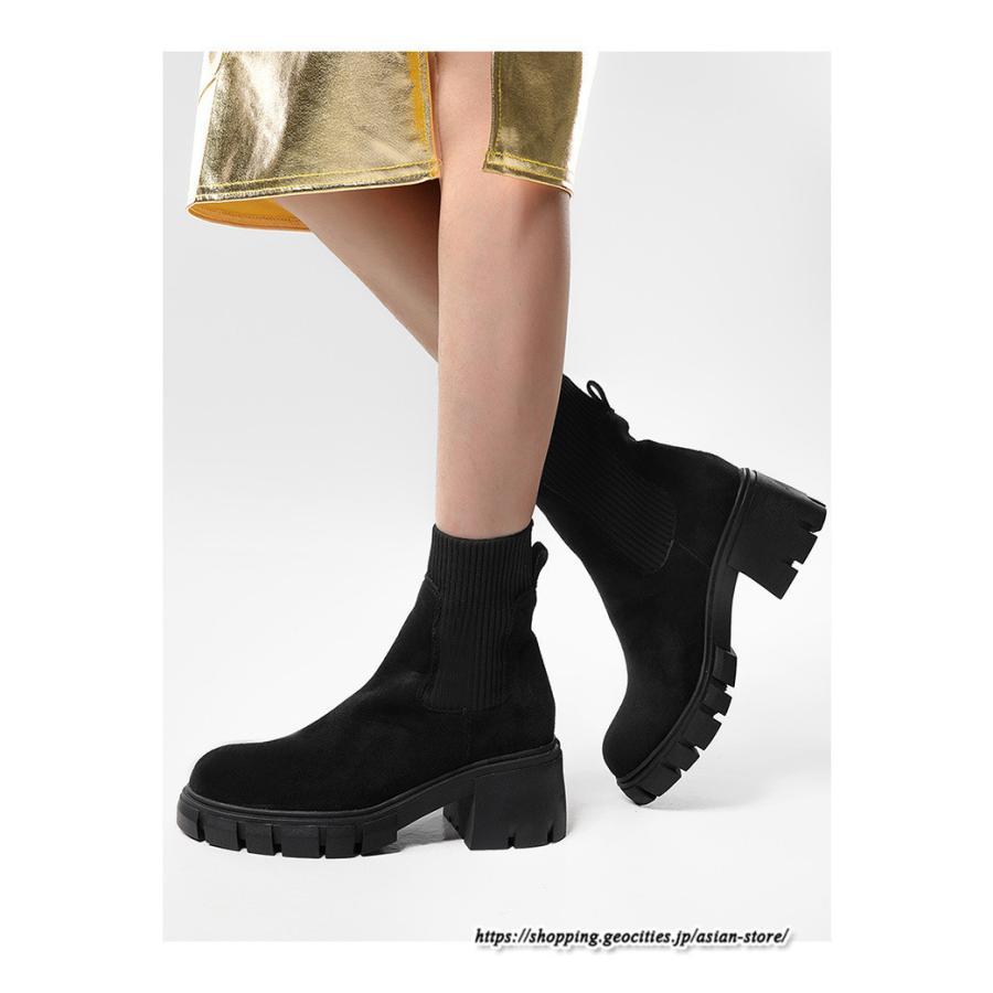 ショートブーツ | 大きいサイズ27cm レディース 上品 ブーツ 秋冬 春 厚底ブーツ ラウンドトゥ ソックス切り替え 太ヒール 大人 チャンキーヒール 黒ブーツ