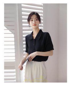 シャツ・ブラウス | トップス ブラウス 半袖 シャツ レディース オフィス フォーマル 白 黒 開襟 二重襟 バブルスリーブ 着痩せ フランス風 仕事服 クラシック 無地 通勤 大人 上品