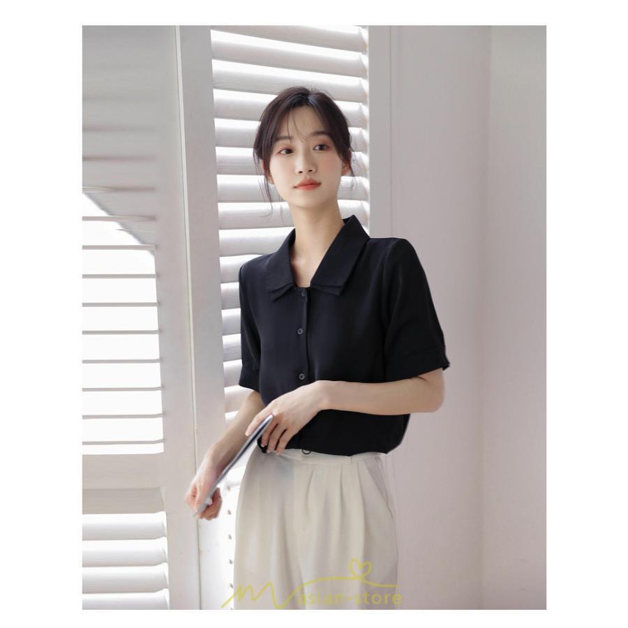 シャツ・ブラウス | トップス ブラウス 半袖 シャツ レディース オフィス フォーマル 白 黒 開襟 二重襟 バブルスリーブ 着痩せ フランス風 仕事服 クラシック 無地 通勤 大人 上品