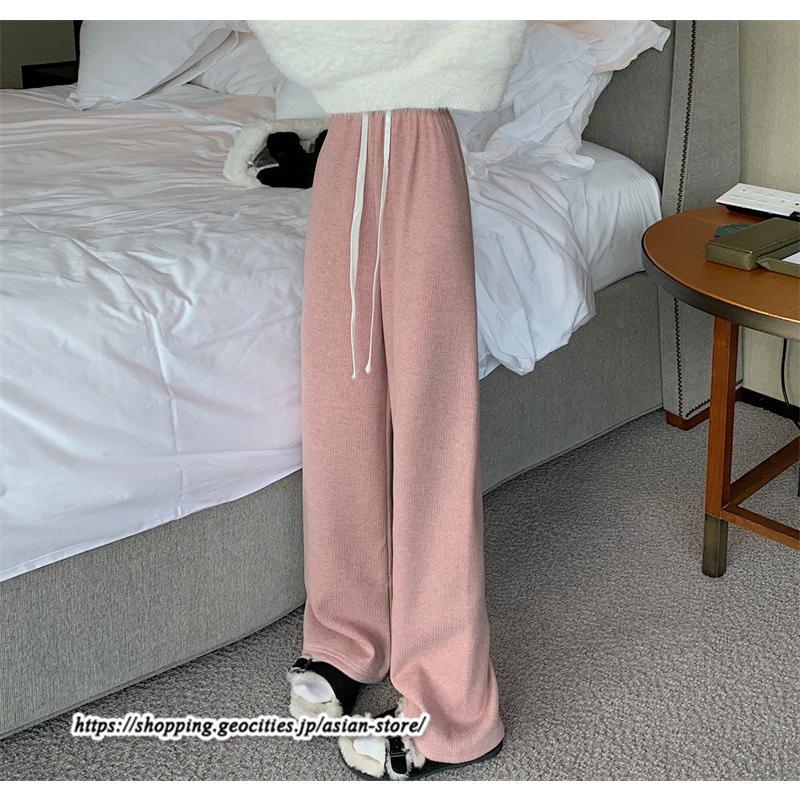 ワイドパンツ | ニットパンツ レディース 綿パンツ リブニット 秋冬 裏起毛 暖かい ロングパンツ ウエストゴム 春 パンツ シンプル 無地 ボトムス 部屋着 ズボン
