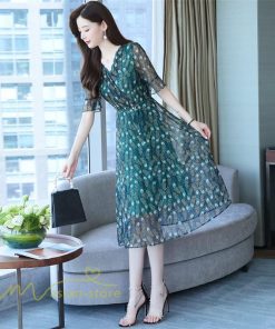 ミディアム | ワンピース レディース Aライン サマーワンピース 上品 着痩せ カジュアル 大きいサイズ 半袖 Vネック ミディアムワンピース ひざ丈 30代 気質 20代 40代