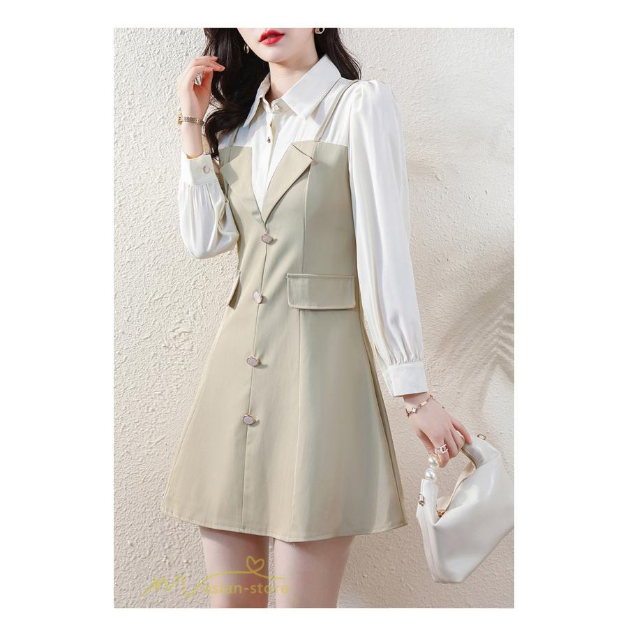 ミニ丈 | 切り替えワンピース 秋 レディース フェイク レイヤード風 ミニワンピース 膝上丈 Aラインワンピース オフィス 可愛い フォーマル エレガント シャツカラー 大人