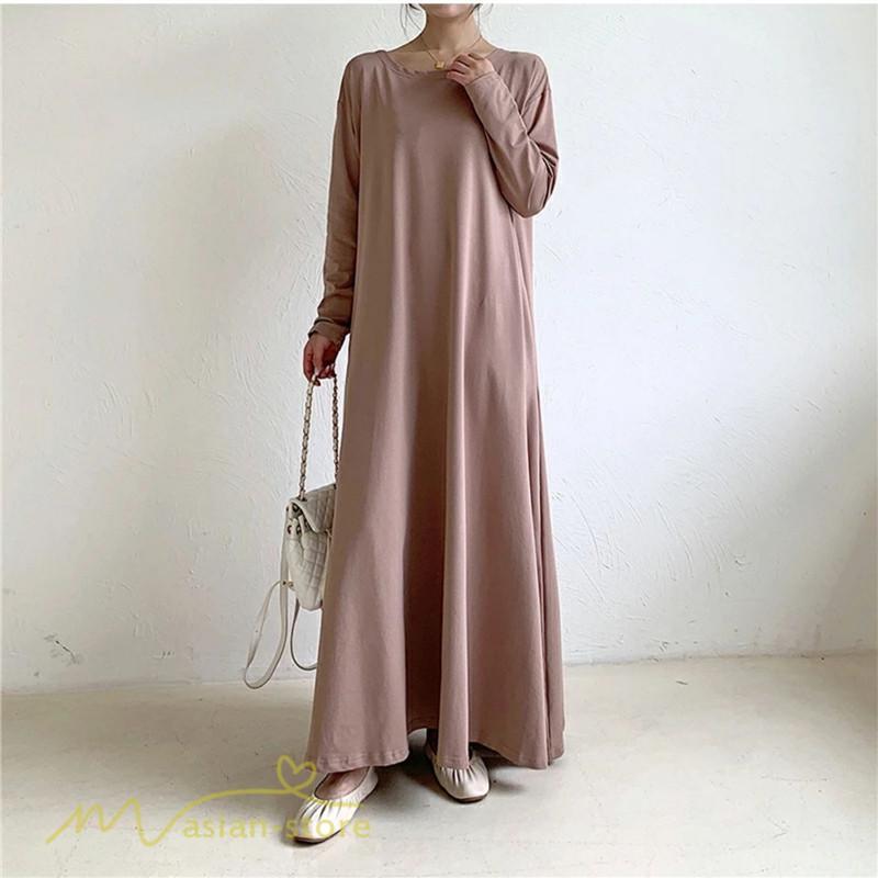 マキシ | Aラインワンピース ワンピース レディース 無地 長袖 マキシワンピース プルオーバー カジュアル 20代 30代 ゆったり 体型カバー フレア 40代 50代 おしゃれ