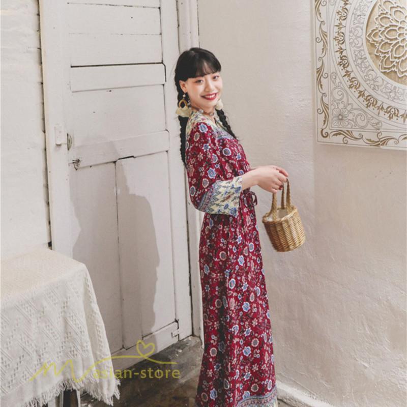 マキシ | ワンピース レディース 総柄 きれいめ ロングワンピース 可愛い カジュアル 春 夏 秋 40代 7分袖 上品 きれいめ 民族風 旅行着 おしゃれ プルオーバー