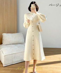 ニットワンピース | レディース 冬 きれいめ ニットフレア ロング おしゃれ ハイネック パフスリーブ 着痩せ エレガント おしゃれ フェミニン 送料無料 可愛い