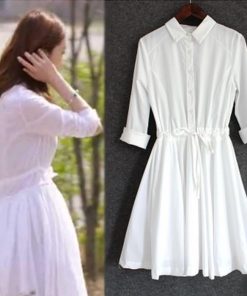 ミディアム | 長袖ワンピース シャツワンピース 膝上丈 Aラインワンピース フレア 白ワンピース 女の子 学生 ウエストリボン付き 可愛い 20代30代 ワンピース
