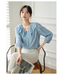 シャツ・ブラウス | ブラウス レディース シャツ おしゃれ きれいめ 七分袖ブラウス カジュアル 無地 フォーマル オフィス 夏物 エレガント Vネック ライトブルー 通勤 ビジネス