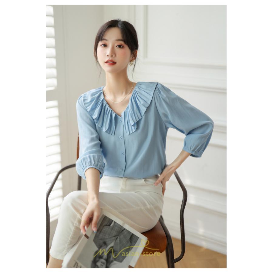 シャツ・ブラウス | ブラウス レディース シャツ おしゃれ きれいめ 七分袖ブラウス カジュアル 無地 フォーマル オフィス 夏物 エレガント Vネック ライトブルー 通勤 ビジネス