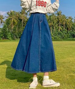 スカート | デニムウエストゴム ロングAライン 無地 ゆったりシルエット 広い裾幅 ハイウエスト Denim 秋冬 秋物 レディース 秋服 デニム