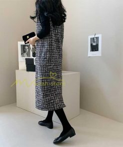 マキシ | ワンピース ノースリーブ Vネック ミモレ丈 ツイードワンピース スリット キラキラ 美ライン 女シルエット エレガント 秋物 レディース 秋冬 フェミニン