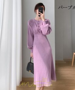 ニットワンピース | レディース 冬 きれいめ ロング おしゃれ 秋冬 長袖 送料無料 着痩せ 無地 通勤 提灯袖 可愛い パフスリーブ 20代30代40代50代