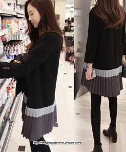 ミディアム | ワンピース レディース 40代 ワンピース 秋 きれいめ膝丈ワンピース 上品 長袖 配色プリーツワンピースチュニック 韓国風 通勤 結婚式ドレス お出かけ 着痩せ