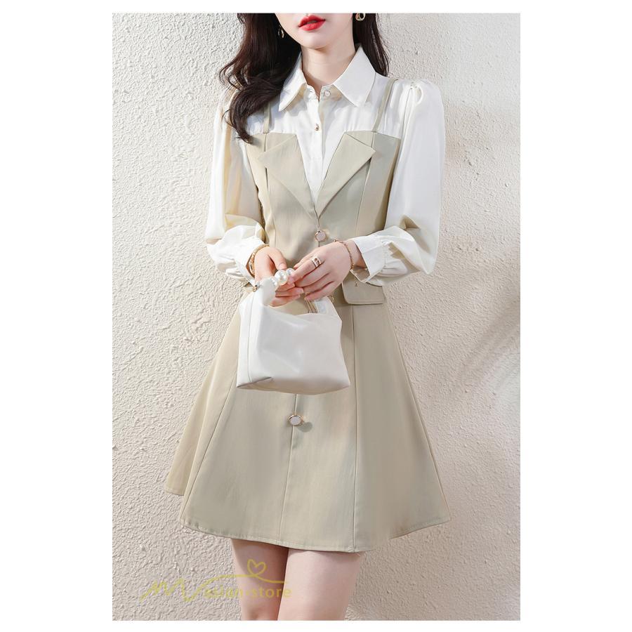 ミニ丈 | 切り替えワンピース 秋 レディース フェイク レイヤード風 ミニワンピース 膝上丈 Aラインワンピース オフィス 可愛い フォーマル エレガント シャツカラー 大人