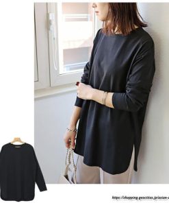 tシャツ・カットソー | Tシャツ Tシャツ コットン長袖オーバーサイズ裾ラウンドTシャツ レディース 綿Tシャツ 長袖Tシャツ クルーネック 秋物 ミドル丈 無地 丸首 長袖