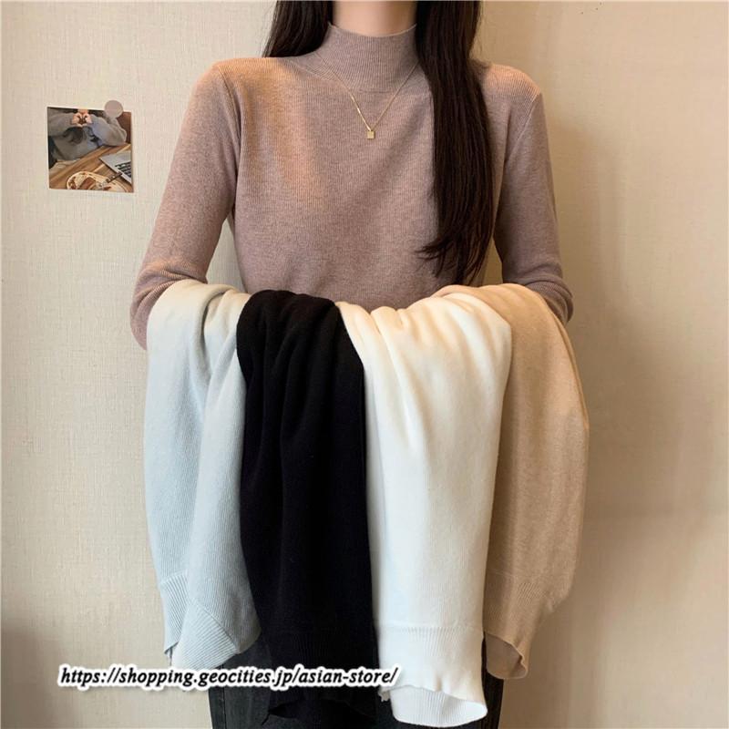 ニット・セーター | カットソー ニット レディース リブニット 長袖 秋冬 春 トップス スリム ストレッチ インナー 無地 プルオーバー 通学通勤 長袖ニット 長袖カットソー 着痩せ