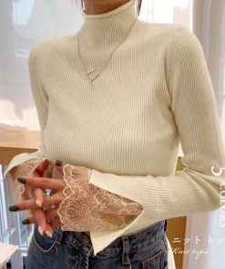 ニット・セーター | フェミニン 秋 スリムフィット 長袖 リブニットトップス レディース 袖レース 冬 細見 ニットセーター ハイネック ニットソー